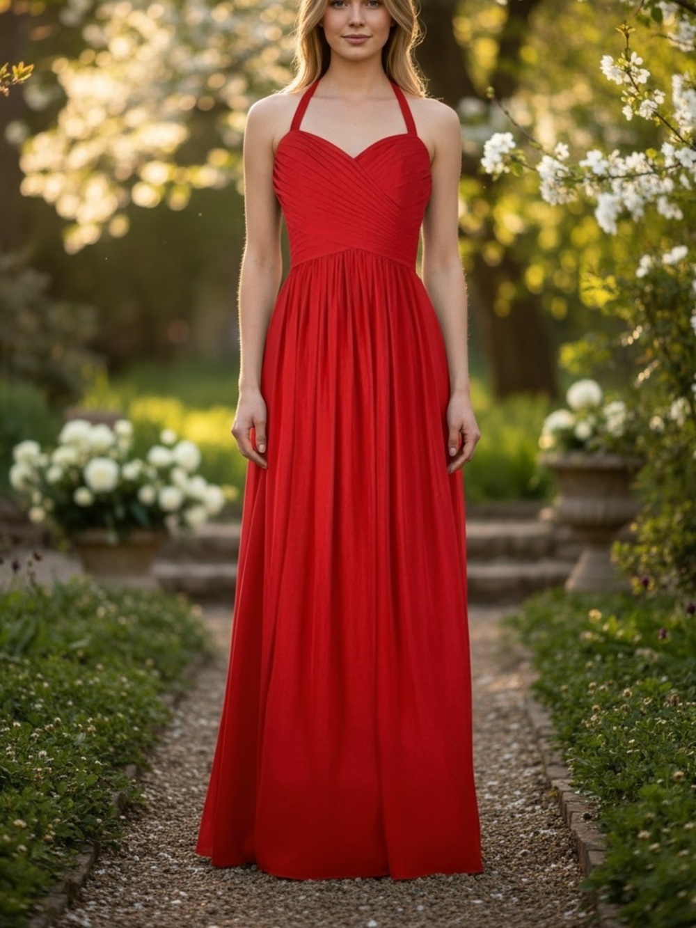 Gather & Gown Red Halter Empire Waist Maxi Formal Bridesmaid Prom Dress Sz S